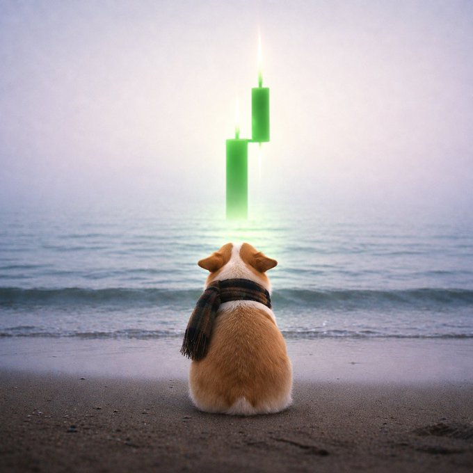 A corgi wearing a scarf sits on a beach facing the ocean, looking at glowing green candlestick chart patterns rising from the water.