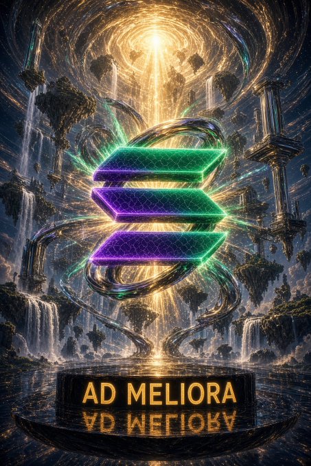 A fantasy digital artwork featuring a glowing green and purple Solana logo hovering over a mystical landscape with waterfalls and floating islands, with the text 'AD MELIORA' displayed at the bottom.