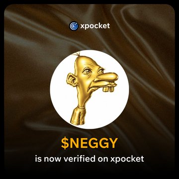 The image shows an xpocket verification announcement for $NEGGY, featuring a cartoon character with an exaggerated nose and toothy grin against a brown satin background, with text reading "$NEGGY is now verified on xpocket." The image relates to the post by signaling another positive development—being officially verified on the xpocket platform—for the $NEGGY token.