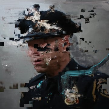 A distorted, glitch-effect portrait of a person in a police officer's uniform with a badge.