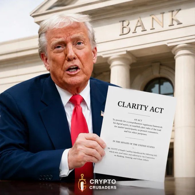 An image shows Donald Trump holding a document titled "CLARITY ACT," which is presented as a piece of legislation regarding a regulatory framework for digital assets. The image is used to support a social media post suggesting that Trump will protect this act from banking interference, specifically in connection to the cryptocurrency $XRP.