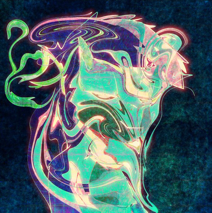 A vibrant, psychedelic digital artwork featuring swirling neon green, pink, and purple forms against a dark textured background, resembling an abstract face or flowing energy. The post indicates the artist minted three 1/1 NFTs of this piece on LaunchMyNFT as part of a Goats of Solana collection giveaway.