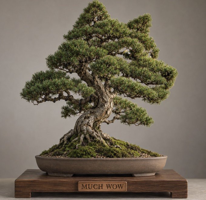 A beautifully maintained bonsai tree sits in a brown pot on a wooden stand with a plaque reading 'MUCH WOW', set against a neutral gray background.