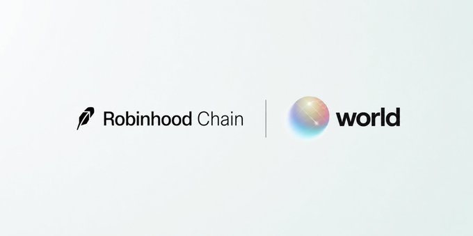 The image displays the logos of "Robinhood Chain" and "world" (Worldcoin) side by side, separated by a vertical line, suggesting a partnership or integration between the two platforms. This relates to the post's discussion of Worldcoin migrating from Solana to Robinhood Chain, highlighting the broader shift of major projects toward the new blockchain amid the ongoing "green movement" narrative.