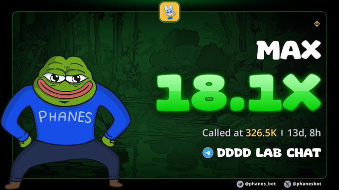 A meme graphic featuring a Pepe frog character wearing a 'PHANES' shirt next to the text 'MAX 18.1x Called at 326.5K | 13d, 8h DDDD LAB CHAT' with social media handles @phanes.bot.