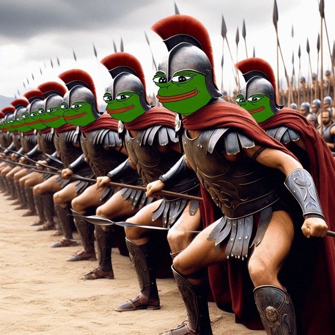 An army of Spartan warriors with Pepe the Frog faces stands shoulder-to-shoulder in battle formation, armed with spears and shields in front of a massive army. The image cleverly visualizes "$PEPE has a strong defense!" by depicting the meme coin's symbol as a disciplined, unified phalanx ready to hold its ground against any opposing forces.