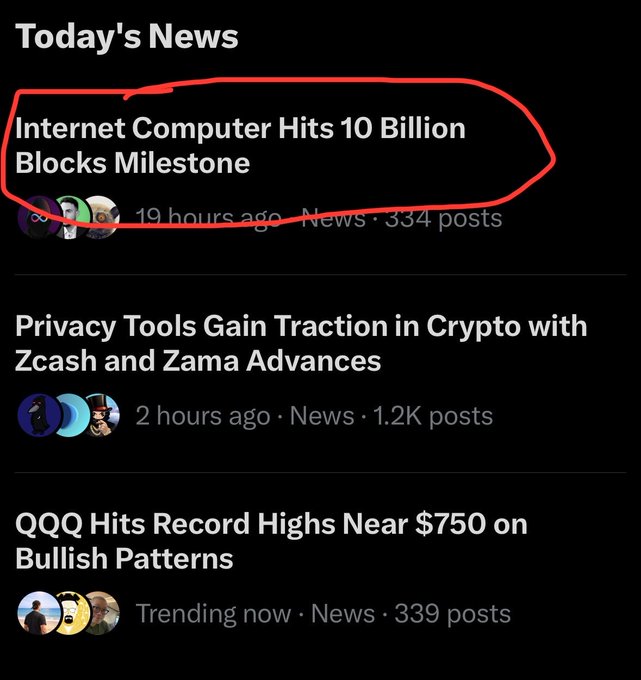 A screenshot of a news feed with the headline "Internet Computer Hits 10 Billion Blocks Milestone" circled in red, along with other headlines about crypto privacy tools and QQQ stock.