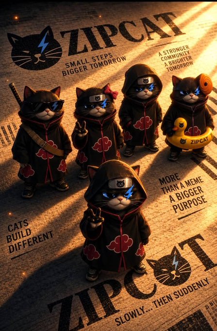 A promotional poster for 'ZIPCAT' meme token featuring five cats dressed in black Akatsuki-style hooded cloaks with red cloud patterns, with text 'SMALL STEPS BIGGER TOMORROW', 'A STRONGER COMMUNITY A BRIGHTER TOMORROW', 'MORE THAN A MEME A BIGGER PURPOSE', and 'CATS BUILD DIFFERENT'.
