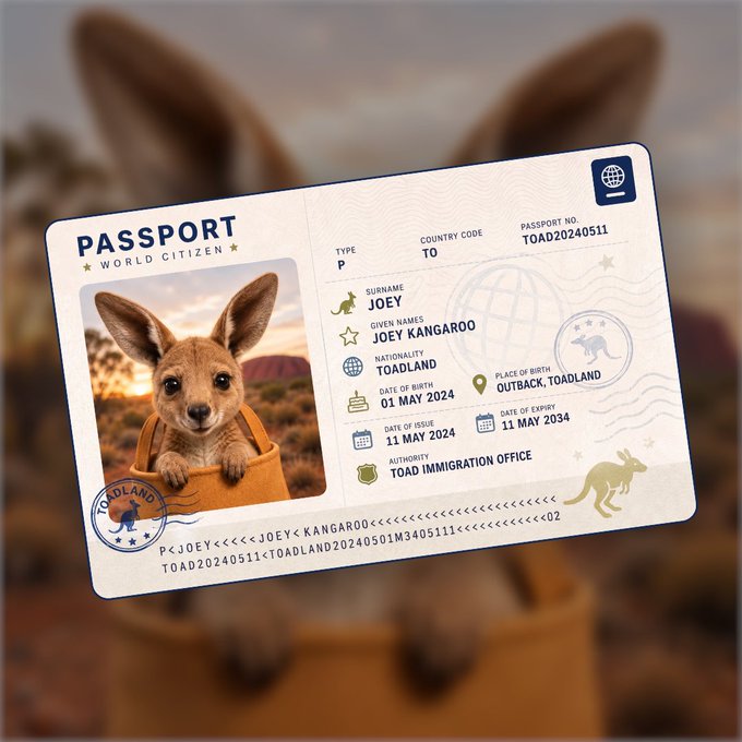 A novelty 'World Citizen' passport made for a kangaroo named Joey Kangaroo from Toadland, with a photo of the joey peeking out of an orange backpack against a desert landscape.