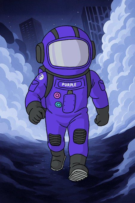 In the image, there's a cartoon depiction of an astronaut walking through a foggy cityscape with buildings in the background. The artist has used purple as the primary color for the character's suit and helmet, giving them a unique appearance. The text "purple" is prominently displayed on their suit, indicating that they are an astronaut from Purple Planet. The image also includes a caption that reads "The path was long, arduous and foggy We're ready for $INK 🫟". This adds to the overall atmosphere of mystery and adventure in the scene.