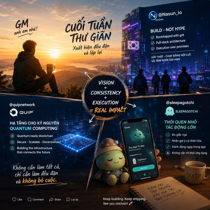 A promotional graphic for weekend relaxation featuring accounts like @Nasun_io (@quipnetwork and @sleepagotchi), displaying motivational text such as 'CUỐI TUẦN THƯ GIÃN', 'VISION + CONSISTENCY + EXECUTION = REAL IMPACT', and 'BUILD - NOT HYPE'.