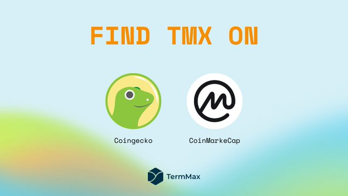 A promotional graphic reads 'FIND TMX ON' with the Coingecko and CoinMarketCap logos displayed, along with the TermMax logo at the bottom.