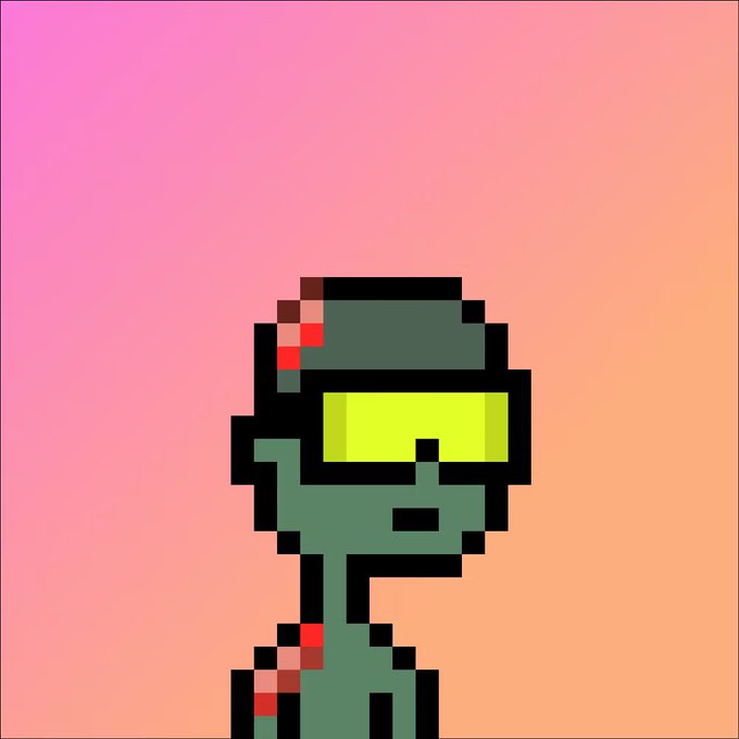 A pixel art portrait of a green zombie-like figure with yellow glowing visor and exposed brain against a pink-to-orange gradient background.