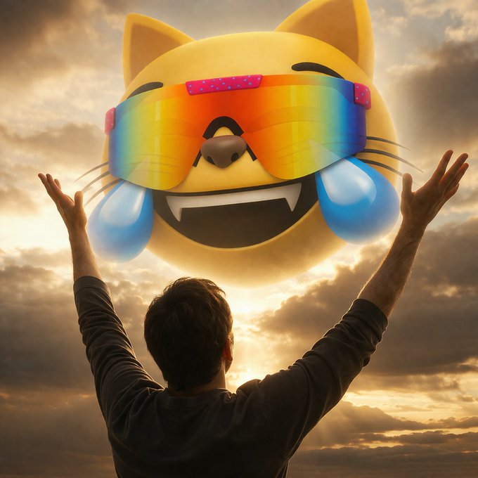 A person viewed from behind with raised arms, facing a giant yellow cat emoji wearing rainbow sunglasses with tears of joy, set against a dramatic cloudy sunset sky.