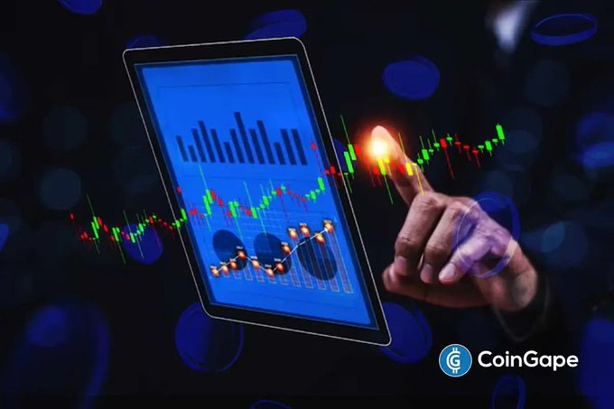 A hand reaches to light the wick of a digital tablet displaying colorful financial charts, candlesticks, and bar graphs against a dark, bokeh-lit background featuring candlestick patterns. The CoinGape logo appears in the bottom right corner, symbolizing the platform's analytical coverage of prediction market platforms like Polymarket, Kalshi, and Crypto.com.