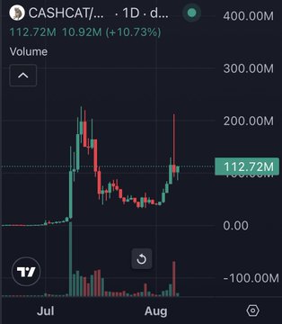 A TradingView chart of $CASHCAT showing a 1D candlestick view with volume bars, where the price surged from ~41M to a peak near 210M before pulling back to the current 112.72M (+10.73%), visually illustrating the post's story of a rapid pump and partial sell-off on the way back down.