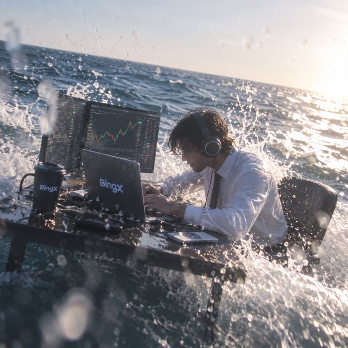 A businessman in a white dress shirt and tie, wearing headphones, is intensely focused on trading at a desk set up directly in the churning ocean, with waves splashing around him and his equipment. His setup includes a laptop and a monitor displaying candlestick charts and trading data, along with a coffee mug, both prominently branded with the "BingX" logo. The image cleverly visualizes the post's caption "when you said volatility," as the literal turbulent seas surrounding the trader mirror the chaotic price swings and market volatility shown on his charts, capturing the wild ride of cryptocurrency trading.