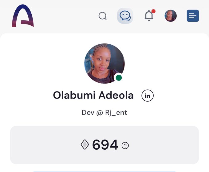 The screenshot displays Olabumi Adeola's profile on a platform (likely Alby or similar), showing her as "Dev @ Rj_ent" with a balance of 694 sats and a LinkedIn icon, with the accompanying post expressing the user's envy that friends have received the "architect" badge, hoping for similar recognition for their own contributions.