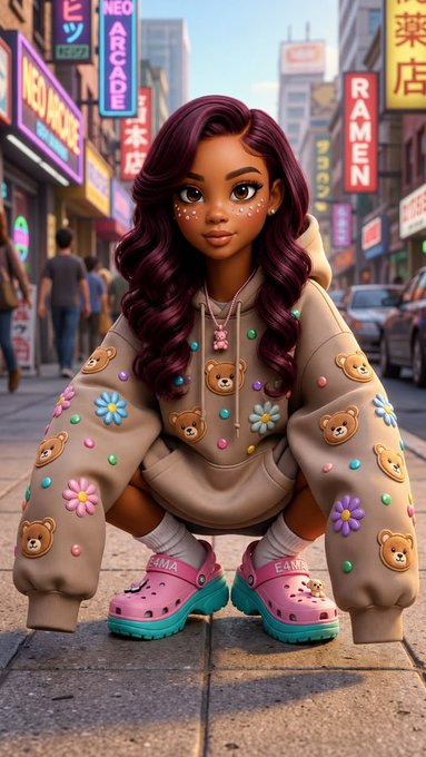 A stylized digital illustration of a young woman with long wavy burgundy hair, wearing a beige teddy bear-decorated hoodie and pink Crocs, crouching on a street with Japanese/Asian neon signs in the background.