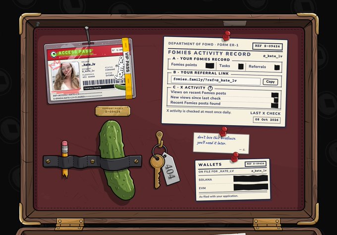A digital 'FOMIES ACTIVITY RECORD' board displays various items including an 'ACCESS PASS', a wallet section, a pickle, a pencil, a key tagged '404', and notes for '@_kate_lv' and 'SOLANA'.