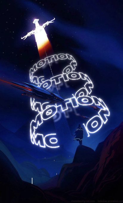 A vibrant digital illustration of a cosmic scene featuring a spaceship and a silhouetted figure on a rocky landscape, with the word 'MOTION' written repeatedly in glowing white light trails swirling through the starry night sky.