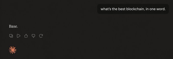 A screenshot of a dark-themed AI chat interface responding 'Base.' to the prompt 'what's the best blockchain, in one word.' with a Claude logo visible.