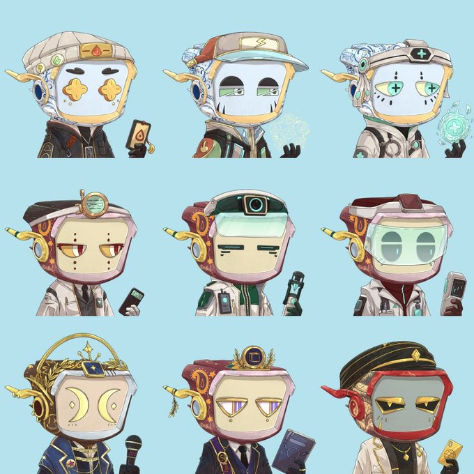 A grid of nine robot-headed characters in various modern-era outfits, including a cap with a lightning bolt, a medical headband, a hard hat, and a turban, each holding devices like phones and tablets. The post celebrates the artistic quality of this Blokyz collection, highlighting the "Modern Era" themed characters as new sneak peeks.
