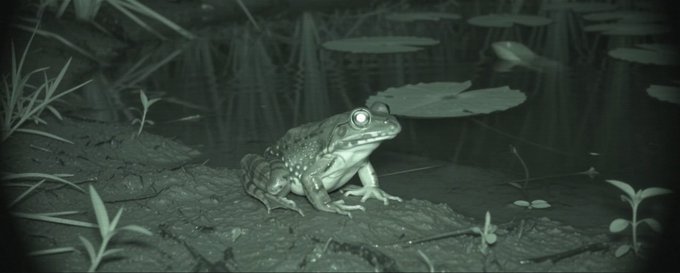 A night vision or infrared-style wildlife photograph showing a frog with prominent glowing white eyes sitting on muddy ground near water with lily pads.