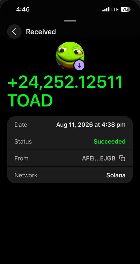 The image shows a successful transaction confirmation of receiving +24,252.12511 TOAD tokens on the Solana network on Aug 11, 2026 at 4:38 pm, illustrating the post's claim of earning ~$440 simply by being bullish on a crypto project—exemplifying the surprising gains that can happen in the crypto space.