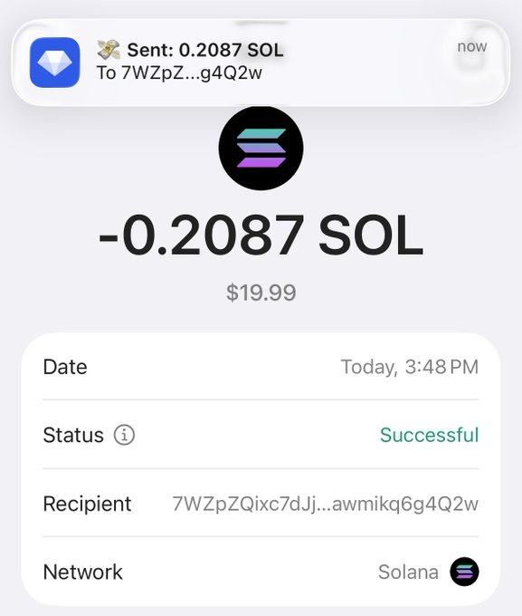 A screenshot of a Phantom wallet transaction confirms a successful transfer of 0.1 SOL (~$20) sent to the recipient address 7WZpZQixc7dJj...awmikq6g4Q2w on the Solana network. This transaction record supports the post's claim that $20 has been sent.