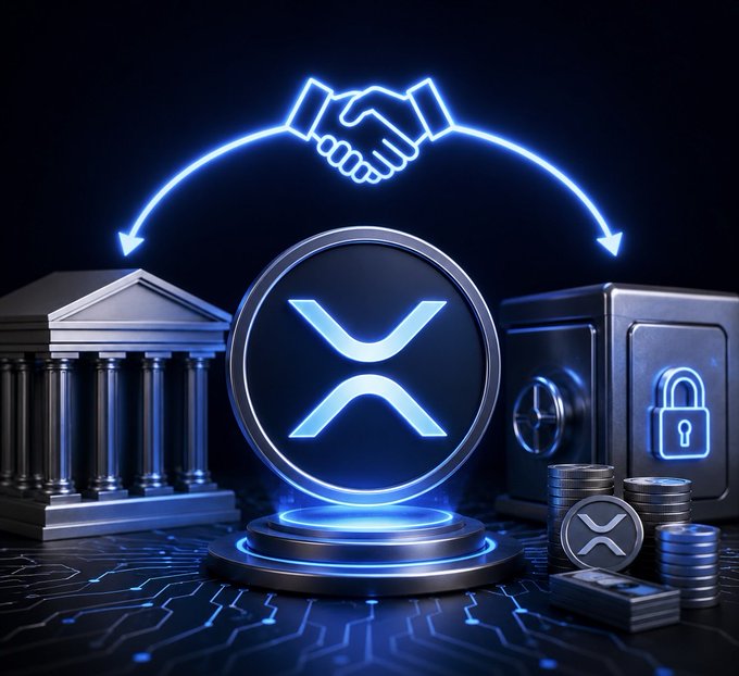 A glowing XRP coin sits center stage on a digital platform, flanked by a neoclassical bank on the left and a secured safe with stacked coins on the right, all beneath a neon handshake symbolizing the partnership between traditional finance and blockchain. The image visually represents Ripple's proposed XRPL Lending Protocol, highlighting the convergence of institutional banking, asset tokenization, and automated on-chain lending.