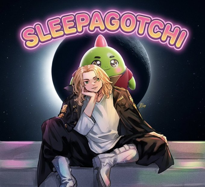 The image features an illustration of a man sitting on a step with his legs crossed, wearing a jacket and boots. Behind him, there's a green alien character that appears to be smiling at the viewer. The background of the image shows a large moon, which adds to the overall visual appeal of the scene. The caption below the image reads: "Web3 used to make $SLEEP feel optional. But the more I chased airdrops and XP, the more I noticed burnout creeping in. $SLEEP tracking apps like @sleepagotchi flip that script, turning rest into a game where consistency matters more than chaos".