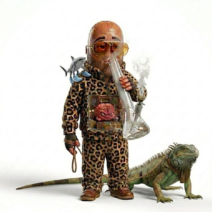 A photo of a designer toy/figure of a bald man with sunglasses in a leopard print outfit, carrying a boombox with a pink brain inside, smoking a large bong, and walking an iguana on a leash.