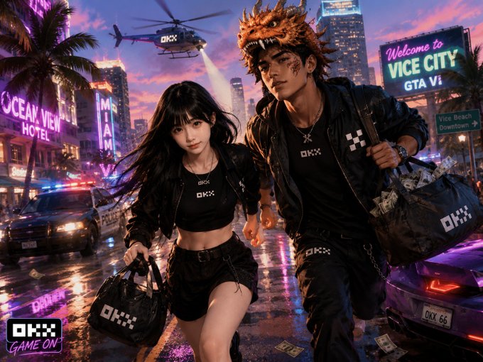 A stylized digital illustration of two characters in black OKX-branded outfits running through a neon-lit Vice City street, with a helicopter, police car, and 'Welcome to Vice City GTA VI' billboard in the background, featuring OKX 'Game On' branding.