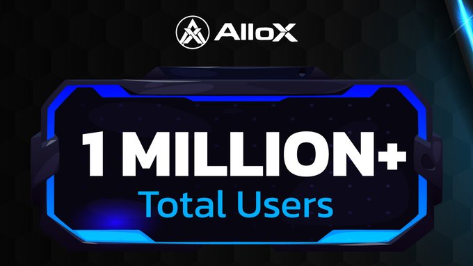 A sleek, futuristic graphic with a glowing blue hexagonal frame displays the AlloX logo at the top and celebrates "1 MILLION+ Total Users" in bold white and cyan text, visually reinforcing the platform's announcement of surpassing one million users within just a few months of launch.