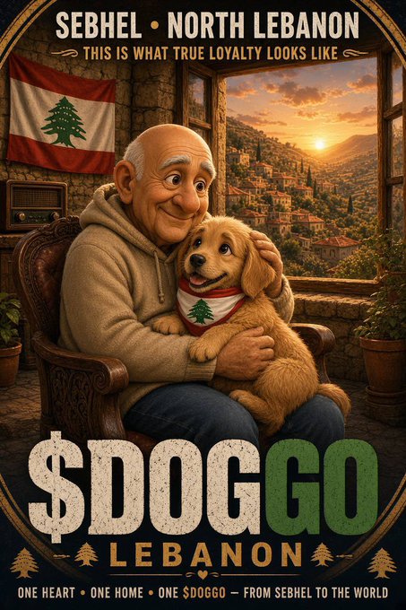 A poster showing an elderly man holding a golden puppy wearing a Lebanon bandana, with text including 'SEBHEL • NORTH LEBANON,' 'THIS IS WHAT TRUE LOYALTY LOOKS LIKE,' and '$DOGGO LEBANON.'