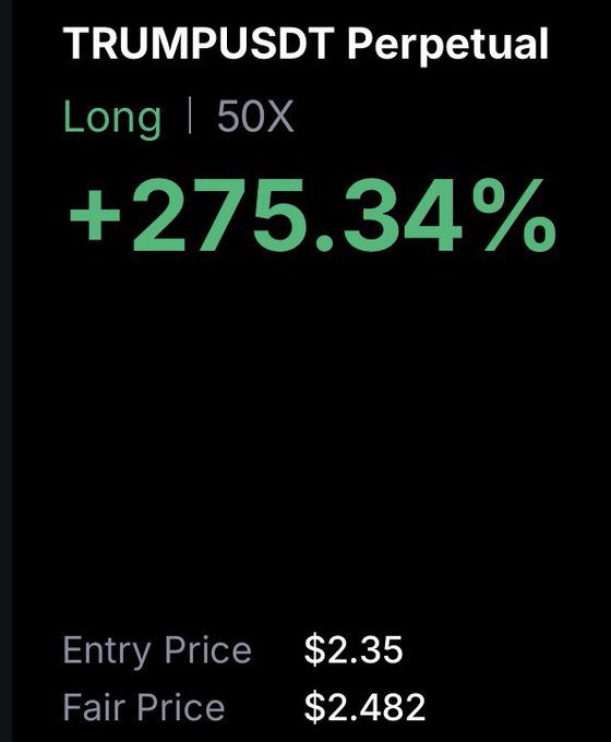 A screenshot of a TRUMPUSDT Perpetual long position showing a +275.34% gain at 50X leverage, with an entry price of $2.35 and a fair price of $2.482, reflecting the poster's bullish sentiment on $TRUMP.