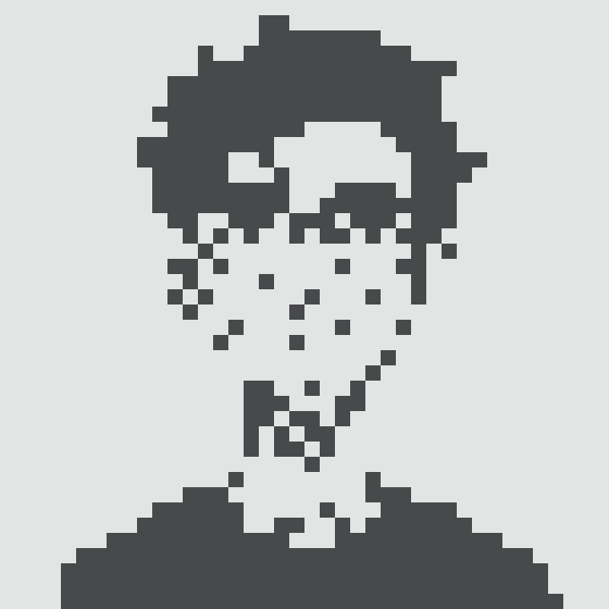 A minimalist pixel art portrait of a figure with dark hair and a dark shirt, rendered in a black/dark gray color scheme on a white background.