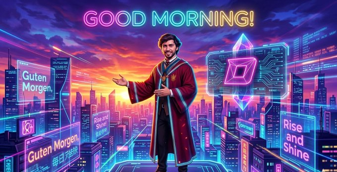 The image features an illustration of a man dressed in a robe, standing in front of a cityscape with neon lights. The text "Good morning!" is displayed above him, indicating that he is greeting someone or welcoming them for the day. The background includes various buildings and neon signs, creating a vibrant and dynamic urban setting.