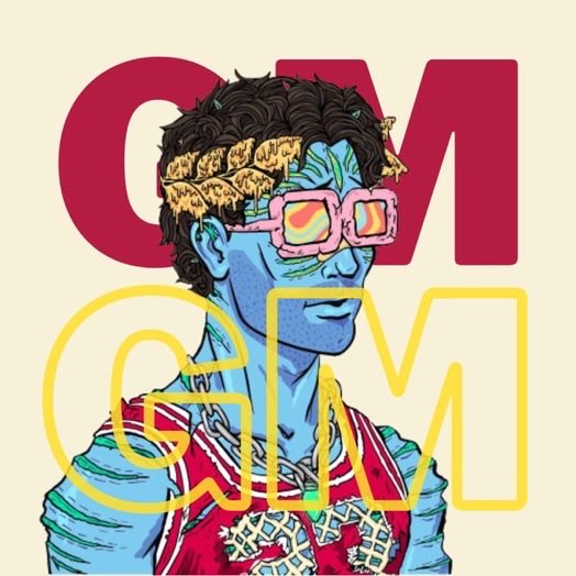 A stylized digital illustration of a blue-skinned figure wearing pink sunglasses, a headband, and a red sports jersey, with 'OM' text in the background.