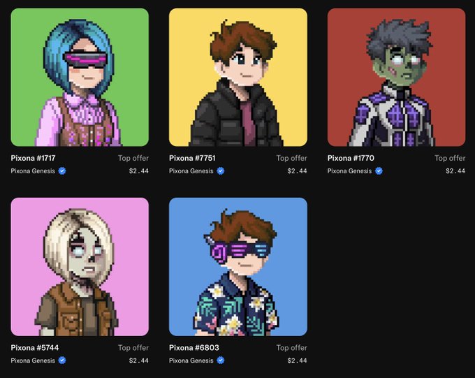 A marketplace showing five 'Pixona Genesis' NFT characters (#1717, #7751, #7770, #5744, #6803) with pixel art avatars, all listed at a top offer of $2.44.