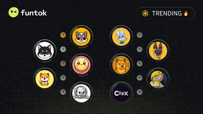 Screenshot of the 'funtok' platform showing a trending section with 10 circular meme coin icons, most featuring dog-themed characters.
