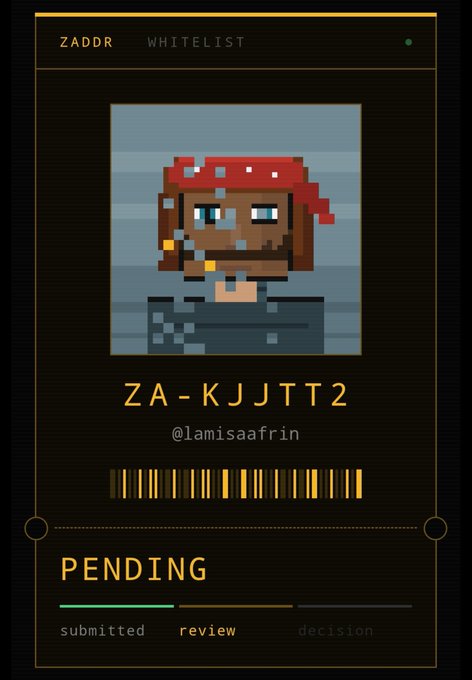 A digital interface screen shows a pixel art character portrait with the header 'ZADDR WHITELIST', an ID 'ZA-KJJTT2', username '@lamisaafrin', and a status bar indicating 'PENDING' review.