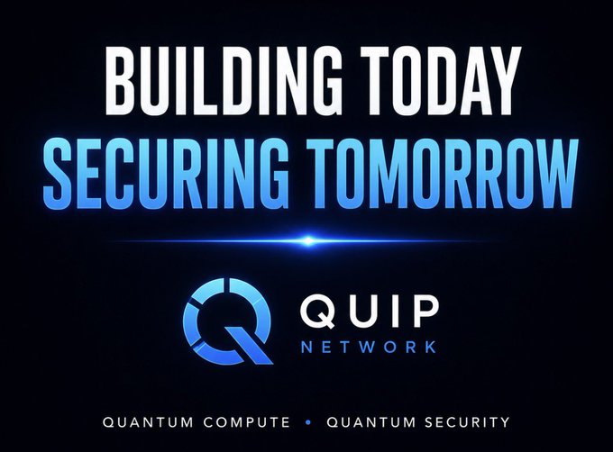 The image features a black background with white text that reads "Building Today Securing Tomorrow" at the top, followed by "quip network" below it. Below this, there are two lines of blue text that say "Quantum Computing Compute Quantum Security". The image also includes an image of a Q symbol and the word "quip" written in white letters.