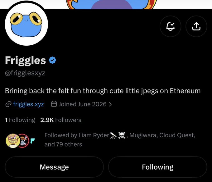 The image shows the Twitter/X profile of "Friggles" (@frigglesxyz), which has a blue verified checkmark, 2.9K followers, and is described as "Bringing back the felt fun through cute little jpegs on Ethereum," directly matching the post highlighting this as an early NFT project find on the ETH chain with a supply of 5555.