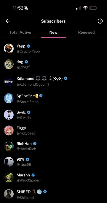 A smartphone screenshot shows a Subscribers list with the 'New' tab selected, displaying usernames including '@Crypto_Yapp', '@_dogzf', '@XdiamondOgodin1', '@StormFrens', '@S_wi_lz', '@figgybeep', '@HanIsRich', '@ltss99', '@Web3Spiderr', and '@Shibehd'.