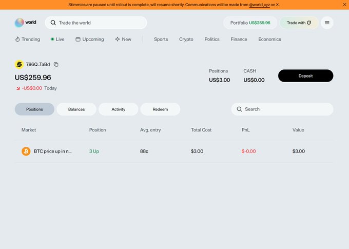 The image shows the homepage of a prediction market platform called "World" displaying a portfolio balance of US$259.96 (with US$3.00 in positions and US$0.00 cash) along with an active trade on "BTC price up in n..." with a 3 Up position valued at $3.00, while an orange banner at the top notes that "Stimmies are paused until rollout is complete, will resume shortly."

The caption relates to the post's discussion of benefits from using the World platform, as the screenshot visually demonstrates an example of a small position held on the site (a $3.00 BTC price prediction) while confirming via the banner that reward events are temporarily paused, supporting the post's mention of waiting for rewards to resume.