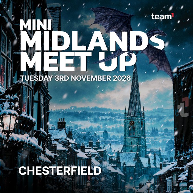 A promotional poster for a 'Mini Midlands Meet Up' hosted by team1 on Tuesday 3rd November 2026 in Chesterfield, featuring a wintery town scene with a dragon flying over a church spire.