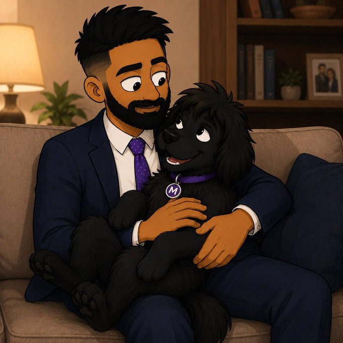 The image features a man wearing a suit, sitting on a couch with his black dog. They are both smiling at each other, creating a warm and friendly atmosphere. The caption of the image reads "home is where raj is but solana is where i run $MYRO". This phrase suggests that the man's home life might be different from his professional life or vice versa, as he enjoys spending time with his dog in a comfortable setting like their couch.