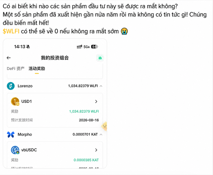 A Vietnamese-language social media post expressing frustration about investment products that launched six months ago with no updates, featuring a screenshot of a DeFi portfolio showing Lorenzo rewards of 1,034.82379 WLFI (with expected distribution on 2026-08-16) and Morpho rewards of 0.000701 KAT from USD1 and vbUSDC holdings.